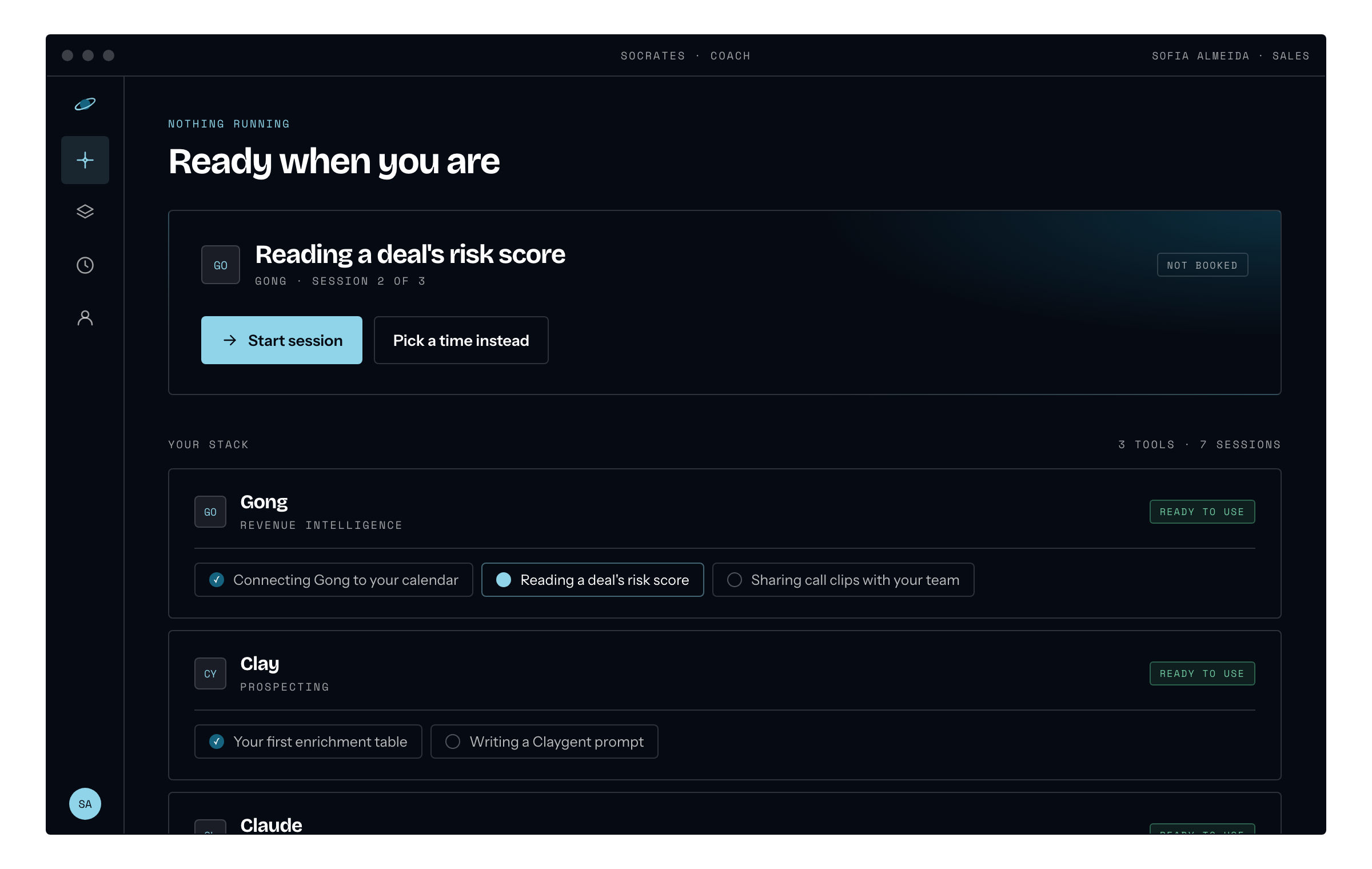 The desktop app: the next session, and the stack with each tool's sessions